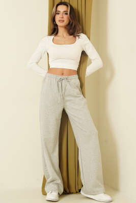 Geniş Paçalı Cepli Loyşa Pantolon Gri - Kadın Giyim Modelleri