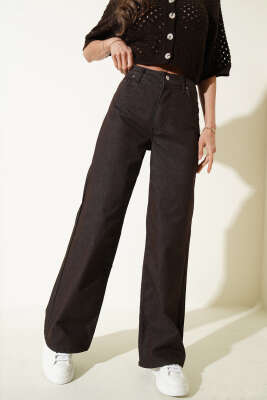 Geniş Paçalı Düğmeli Kot Pantolon Kahve - LEVURE