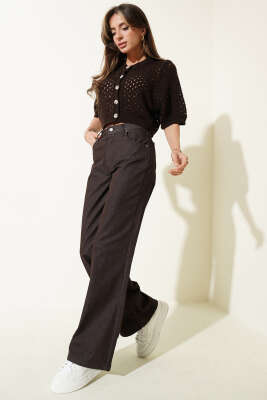 Geniş Paçalı Düğmeli Kot Pantolon Kahve - Kadın Giyim Modelleri