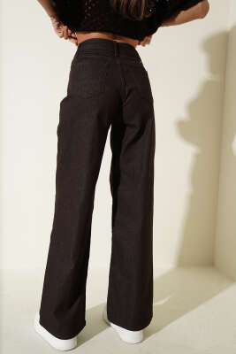 Geniş Paçalı Düğmeli Kot Pantolon Kahve - Kadın Giyim Modelleri