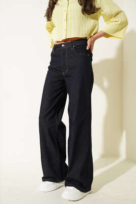 Geniş Paçalı Düğmeli Kot Pantolon Lacivert - LEVURE