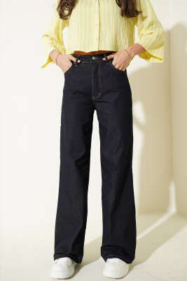 Geniş Paçalı Düğmeli Kot Pantolon Lacivert - Kadın Giyim Modelleri