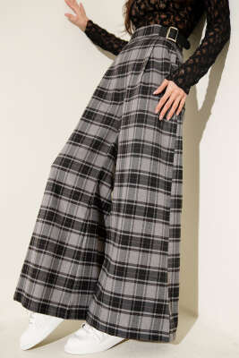 Geniş Paçalı Ekose Desen Pantolon Gri - LUSTRİN