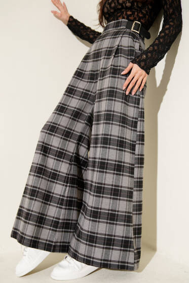Geniş Paçalı Ekose Desen Pantolon Gri - Kadın Giyim Modelleri