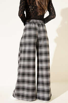 Geniş Paçalı Ekose Desen Pantolon Gri - Kadın Giyim Modelleri
