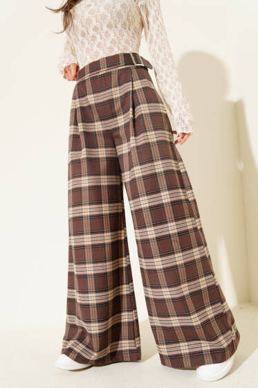 Geniş Paçalı Ekose Desen Pantolon Kahve - Kadın Giyim Modelleri