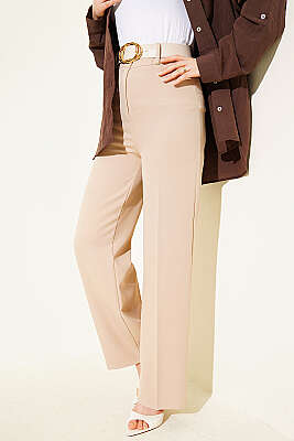 Geniş Paçalı Kemerli Pantolon Bej - ZAZA