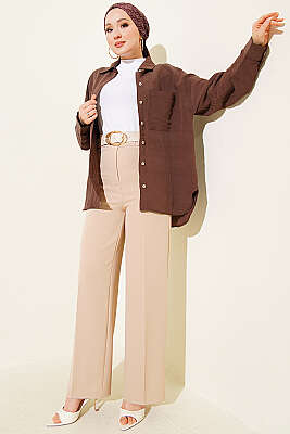 Geniş Paçalı Kemerli Pantolon Bej - Pantolon