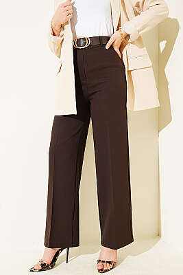 Geniş Paçalı Kemerli Pantolon Kahve - ZAZA