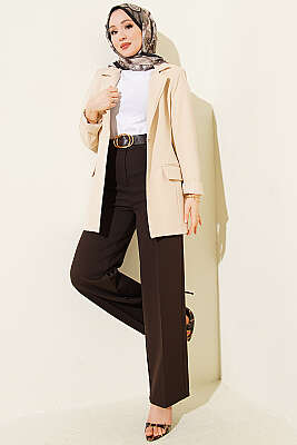 Geniş Paçalı Kemerli Pantolon Kahve - Pantolon