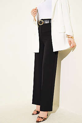 Geniş Paçalı Kemerli Pantolon Siyah - ZAZA