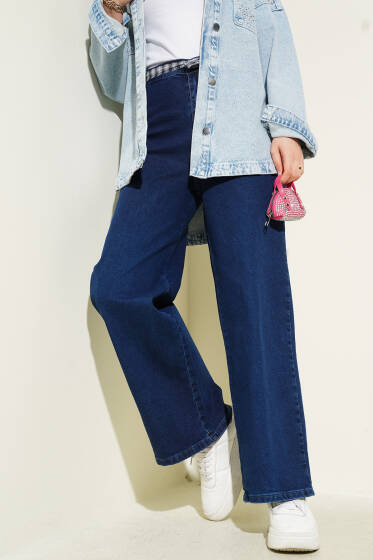 Geniş Paçalı Kuşaklı Kot Pantolon Lacivert - Pantolon