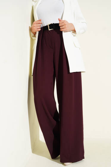 Geniş Paçalı Palazzo Kumaş Pantolon Mürdüm - Pantolon