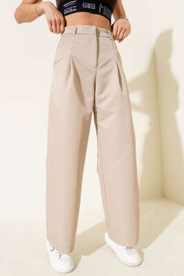 Geniş Paçalı Yan Şeritli Pantolon Bej - Kadın Giyim Modelleri