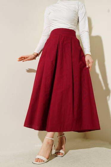 Geniş Pileli Cepli Etek Bordo - Etek
