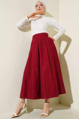 Geniş Pileli Cepli Etek Bordo - Uzun Etek