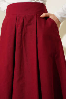 Geniş Pileli Cepli Etek Bordo - Uzun Etek
