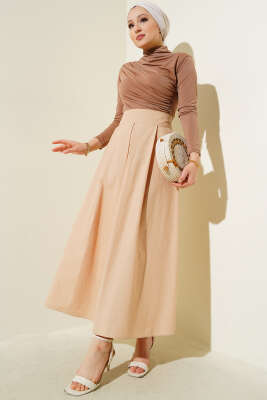 Geniş Pileli Cepli Etek Camel - Uzun Etek