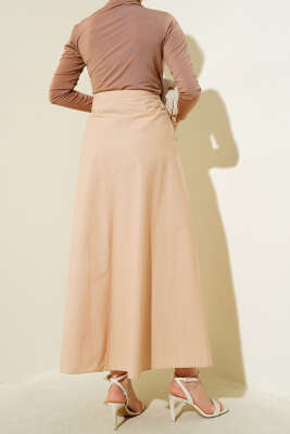 Geniş Pileli Cepli Etek Camel - Uzun Etek