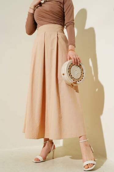 Geniş Pileli Cepli Etek Camel - Uzun Etek