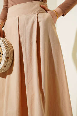 Geniş Pileli Cepli Etek Camel - Uzun Etek