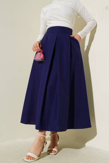 Geniş Pileli Cepli Etek Lacivert - Etek