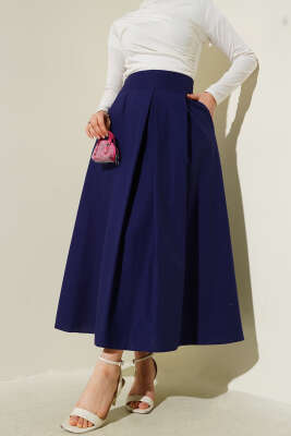 Geniş Pileli Cepli Etek Lacivert 