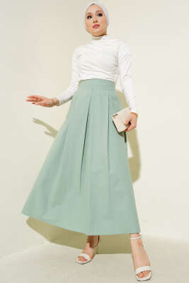 Geniş Pileli Cepli Etek Mint - Uzun Etek
