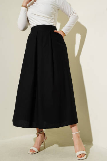 Geniş Pileli Cepli Etek Siyah - Etek