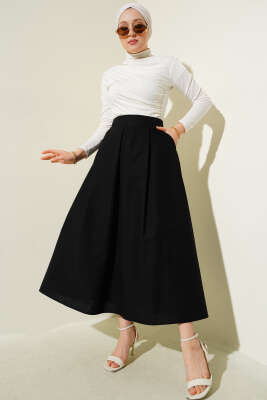 Geniş Pileli Cepli Etek Siyah - Uzun Etek
