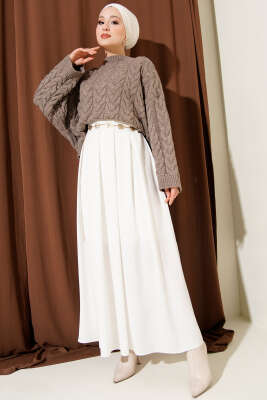 Geniş Pileli Saten Etek Beyaz - Etek