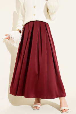 Geniş Pileli Saten Etek Bordo - BERAT TEKSTİL