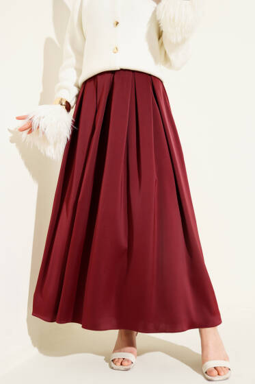 Geniş Pileli Saten Etek Bordo - Etek