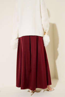 Geniş Pileli Saten Etek Bordo - Etek