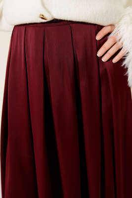 Geniş Pileli Saten Etek Bordo - Etek