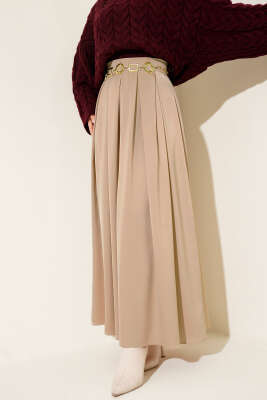 Geniş Pileli Saten Etek Camel - BERAT TEKSTİL