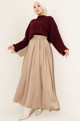 Geniş Pileli Saten Etek Camel - Etek