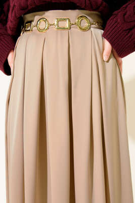 Geniş Pileli Saten Etek Camel - Etek