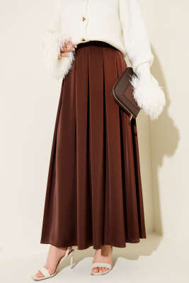 Geniş Pileli Saten Etek Kahve - BERAT TEKSTİL