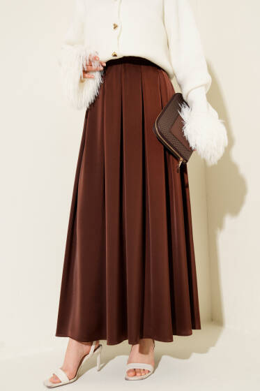 Geniş Pileli Saten Etek Kahve - Etek
