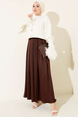 Geniş Pileli Saten Etek Kahve - Etek