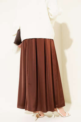 Geniş Pileli Saten Etek Kahve - Etek