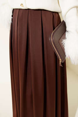 Geniş Pileli Saten Etek Kahve - Etek