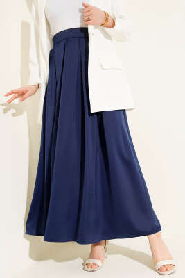 Geniş Pileli Saten Etek Lacivert - BERAT TEKSTİL