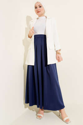 Geniş Pileli Saten Etek Lacivert - Etek