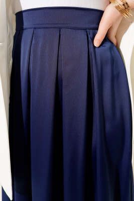 Geniş Pileli Saten Etek Lacivert - Etek