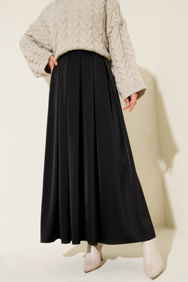 Geniş Pileli Saten Etek Siyah - Etek