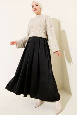 Geniş Pileli Saten Etek Siyah - Etek