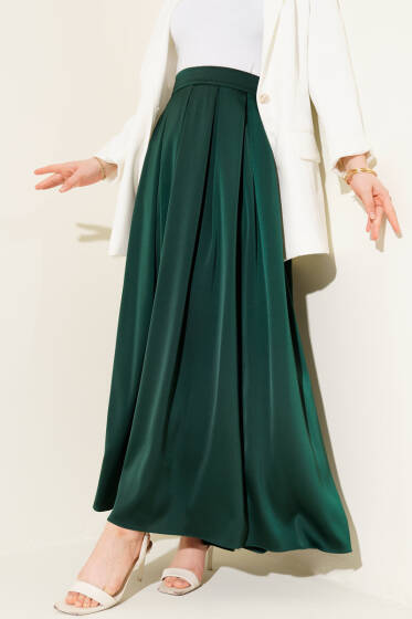 Geniş Pileli Saten Etek Zümrüt - Etek