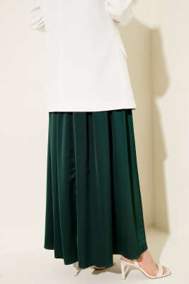 Geniş Pileli Saten Etek Zümrüt - Etek
